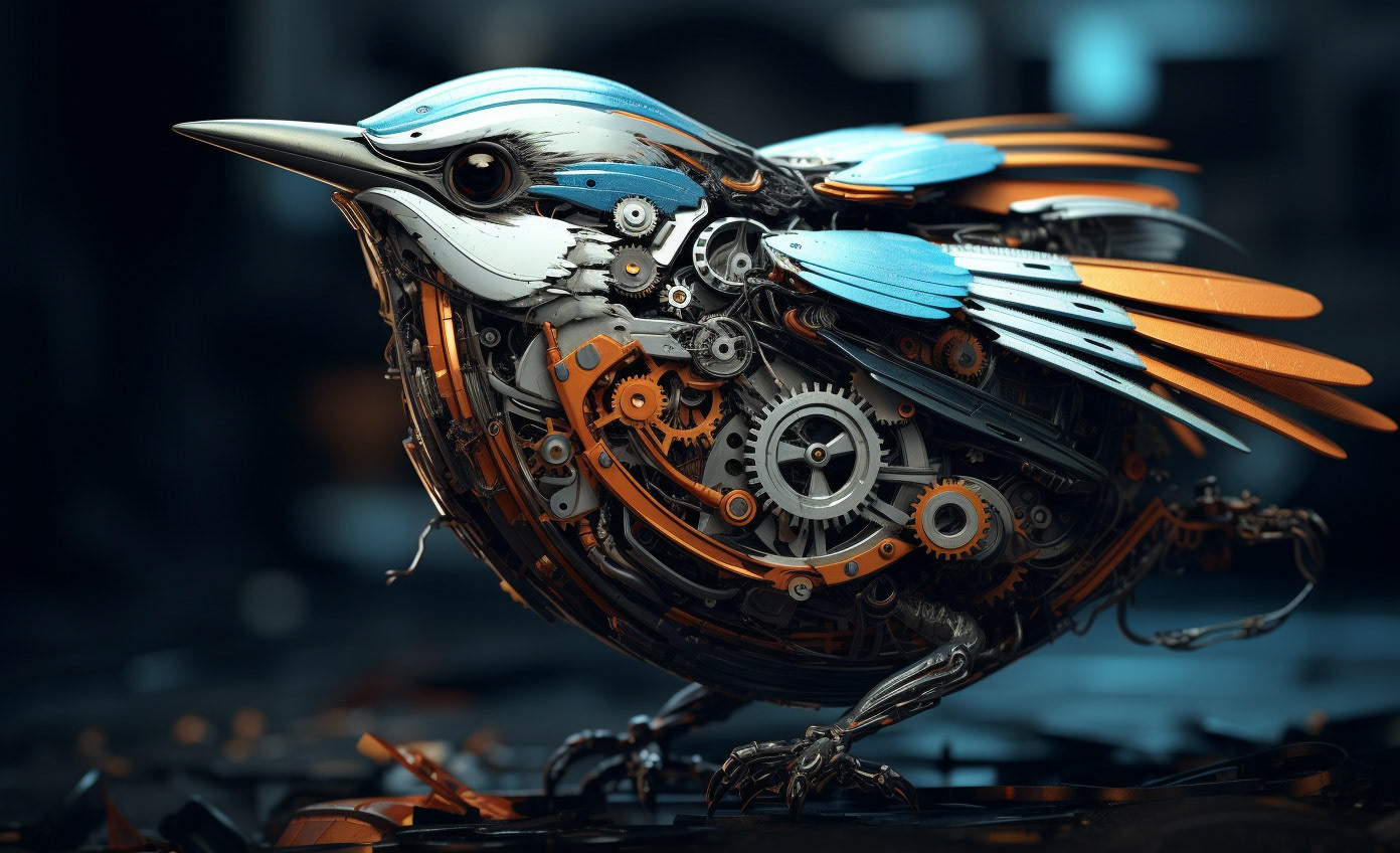 a bird with a mechanical look is drawn on this hd wallpaper, in the style of realistic hyper-detailed rendering, cybernetic, uhd image, orange and azure, highly detailed realism, industrialization, baroque sci-fi --ar 64:39 - Midjourney