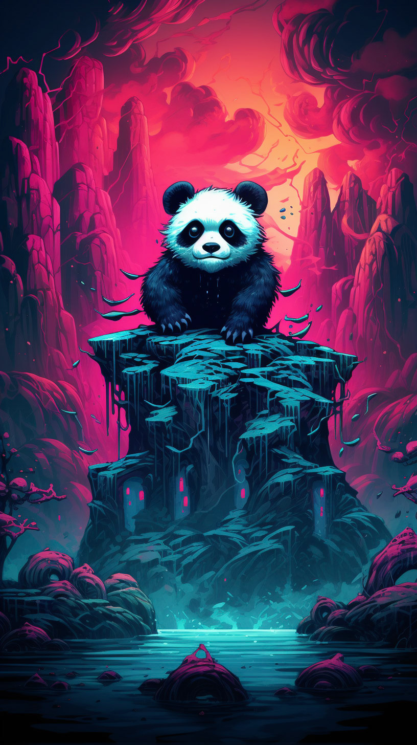 a panda bear sitting on the rocks, in the style of psychedelic illustration, vibrant color gradients, dan mumford, playful characters, realism with surrealistic elements, mushroomcore, drip painting --ar 16:9Midjourney