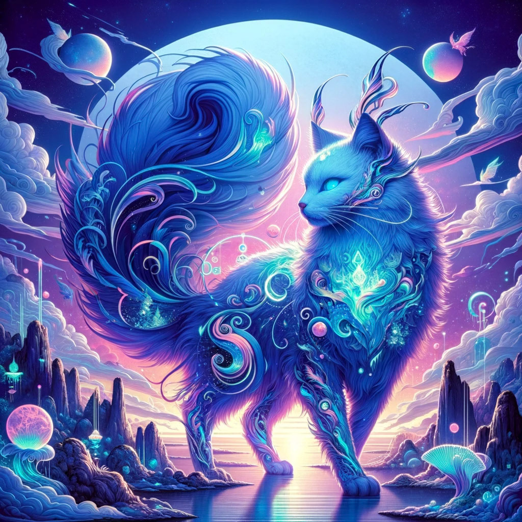 "A majestic cat with neon blue fur, adorned with floating elements, stands tall in a mystical landscape. The surreal style of this illustration recalls the intricate details of a ukiyo-e print, with vibrant colors and dynamic angles giving it a modern anime twist."