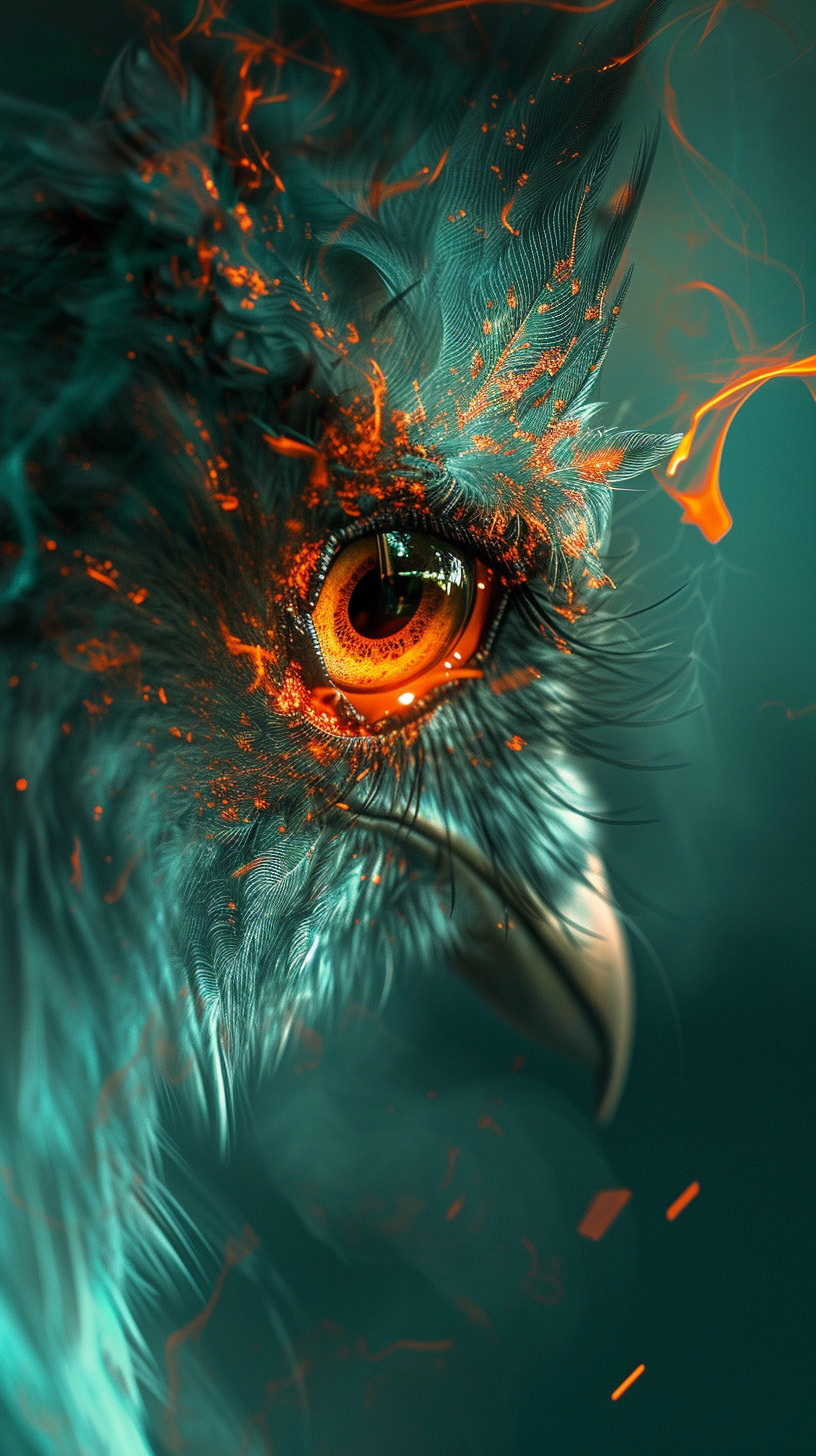 an abstract bird, fokus on the eye, with colorful lights, in the style of hyperrealistic, surrealism, smokey background, dreamlike portraiture, turquoise and orange, eye-catching composition, uhd image, detailed character illustrations --ar 9:16 --v 6- Midjourney