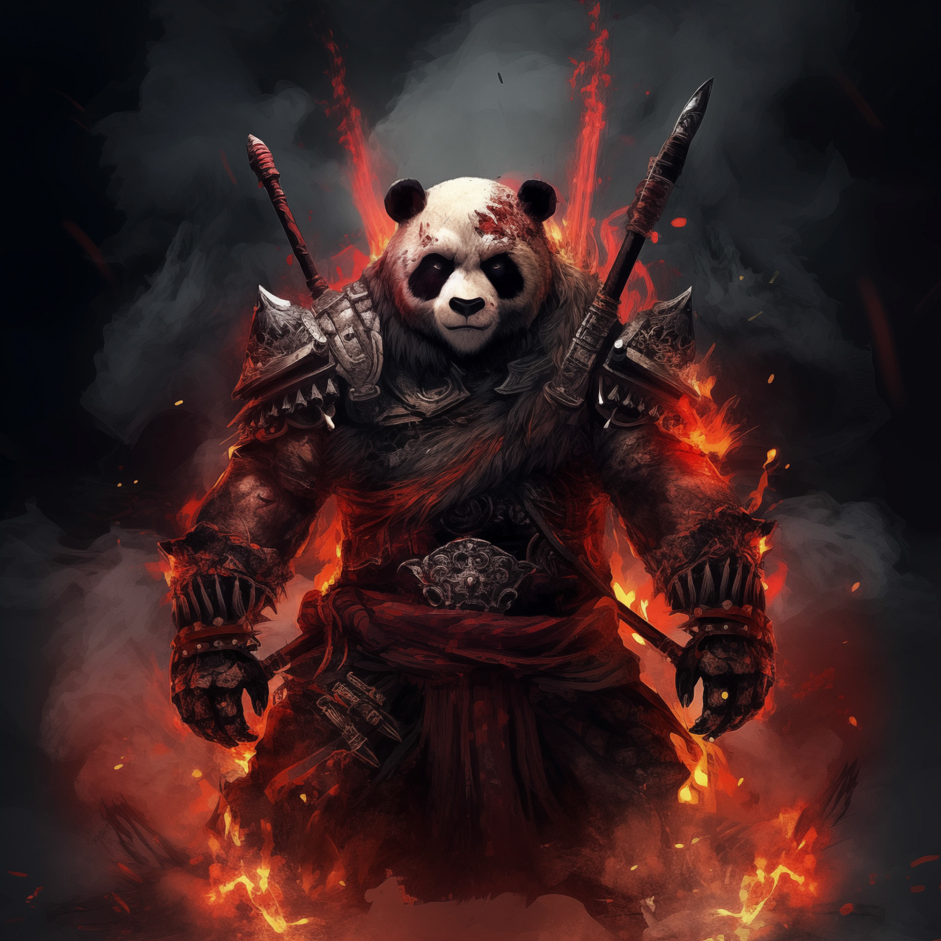 a warrior panda like the game character kratos the god of war. surreal creepy dark souls atmosphere with macabre figures, the suround is in flame.Midjourney