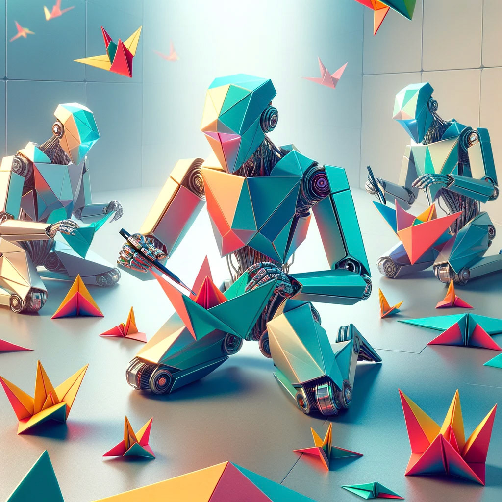 "Create a surreal scene where robots are crafting art, with a strong emphasis on origami aesthetics. The robots themselves have a faceted, geometric appearance as if they are made of folded paper, with sharp edges and planes that reflect light in various angles. The colors are vibrant but with the distinct crispness and angularity of origami. The background is minimalist, with paper-like textures and subtle creases, enhancing the origami theme. The entire composition combines the clean lines of paper art with the complexity of robotic design."