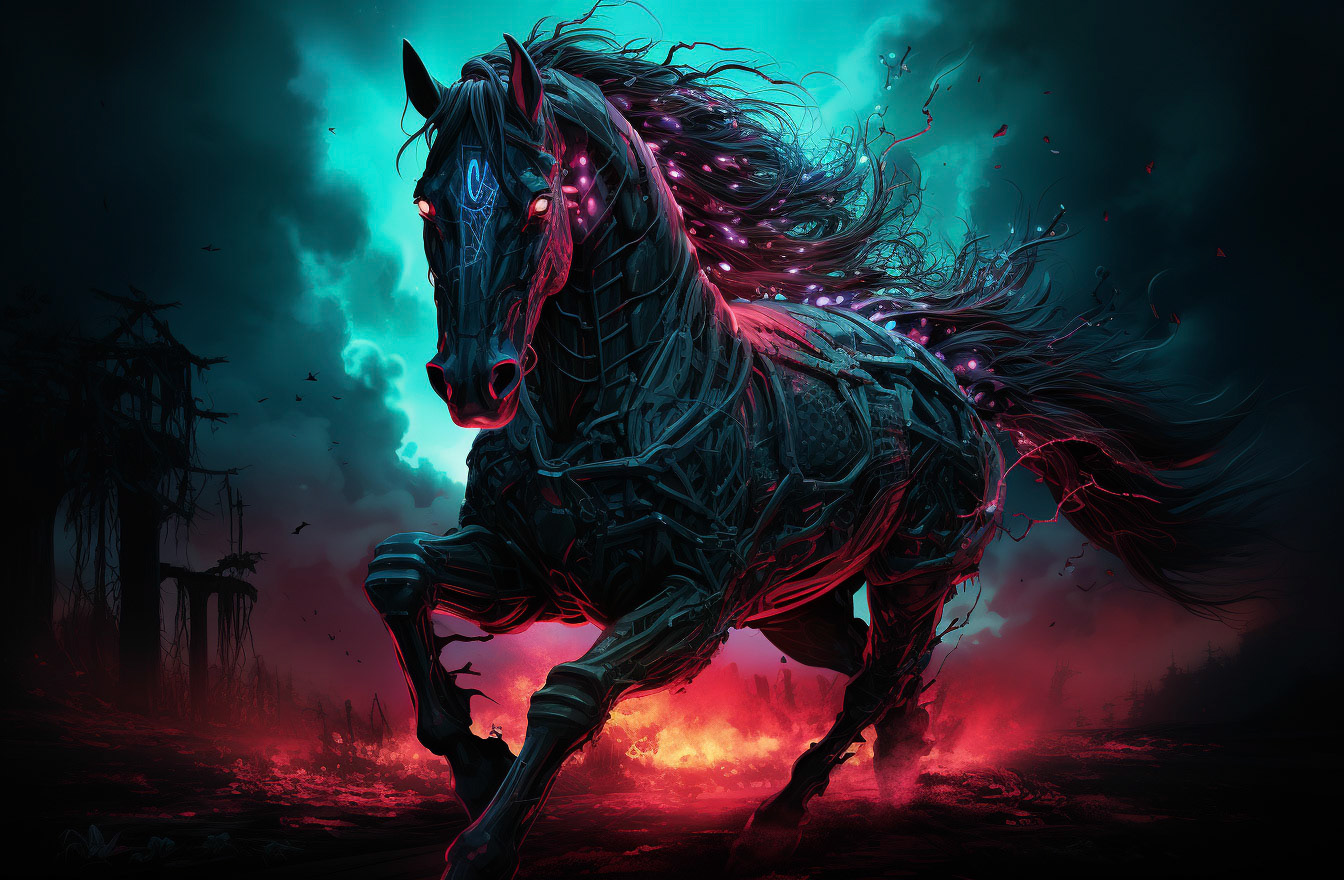 a red horse with blue eyes and glowing a pink light behind it, in the style of macabre illustrations, dark green and light cyan, cinematic scenes, hyper-detailed illustrations, cypherpunk, green and crimson, gothic atmosphere --ar 32:21 - Midjourney