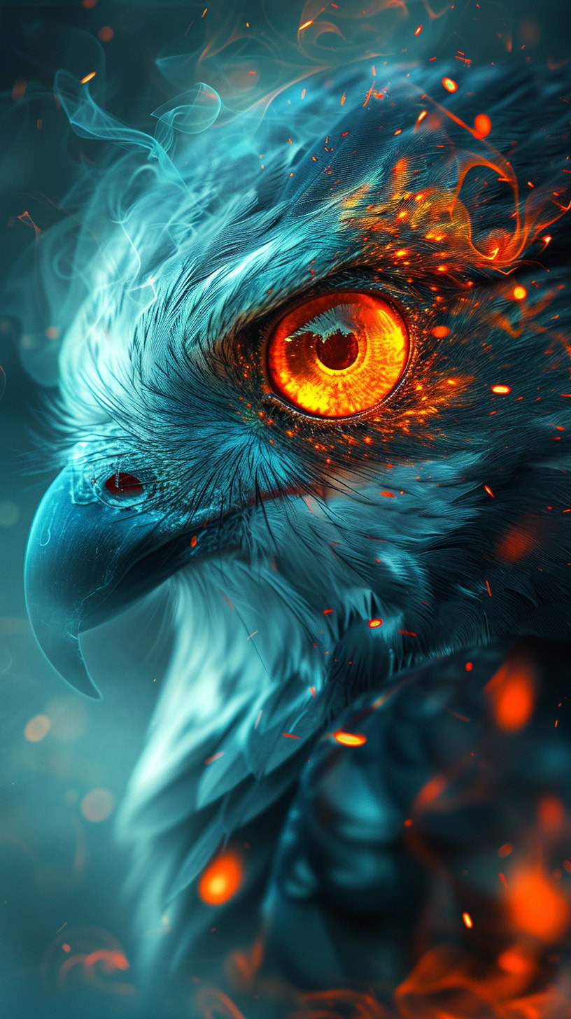 an abstract bird, fokus on the eye, with colorful lights, in the style of hyperrealistic, surrealism, smokey background, dreamlike portraiture, turquoise and orange, eye-catching composition, uhd image, detailed character illustrations --ar 9:16 --v 6- Midjourney