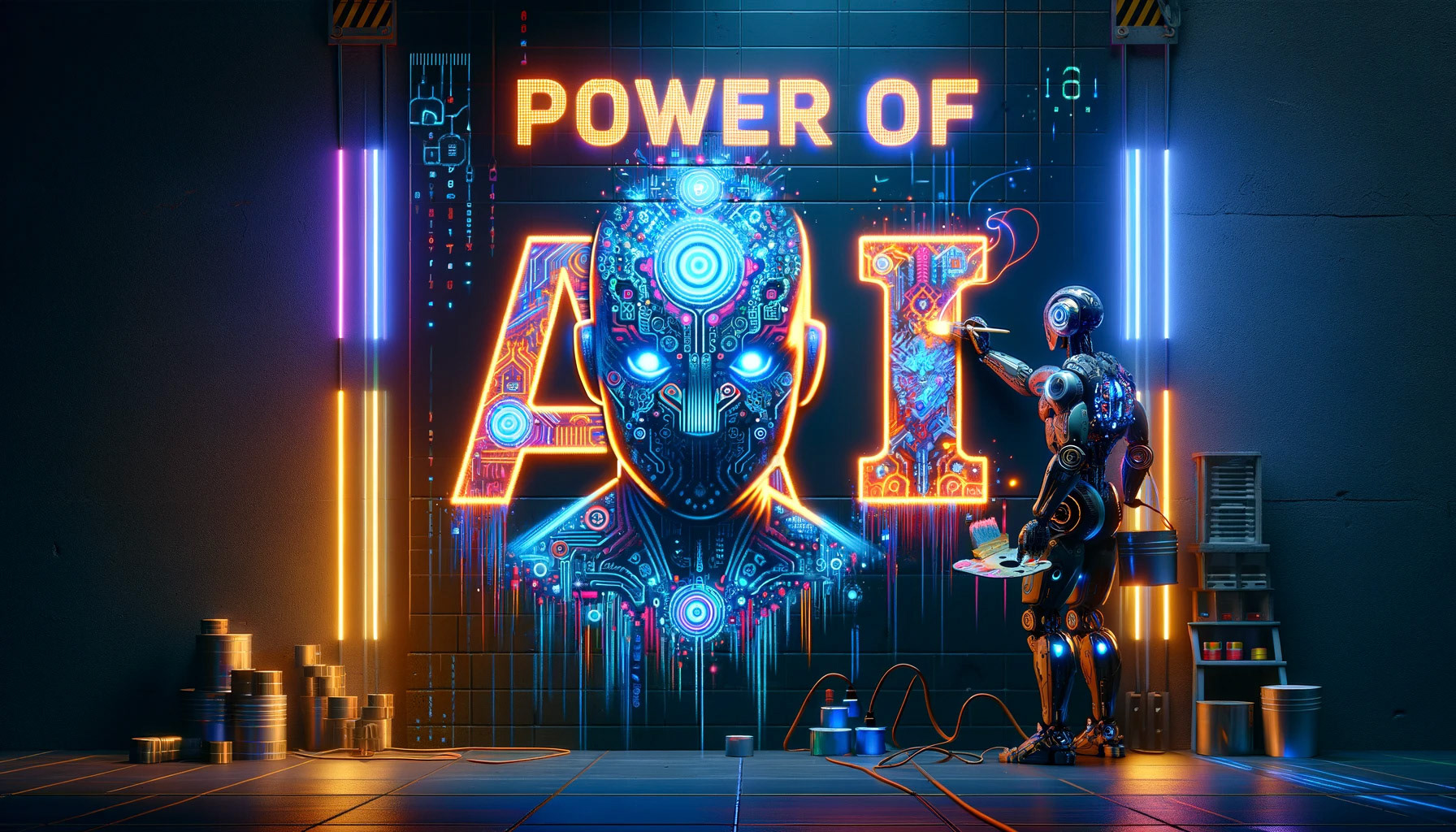 "Create a scene with a robot painting the words 'Power of AI' on a wall, showcasing a cyber-matrix style. The robot is designed with futuristic, cybernetic elements, featuring neon lights and digital patterns. The scene is illuminated with neon colors and digital motifs, creating a high-tech, cyberpunk atmosphere. The robot paints the words in a bold, digital font, glowing with neon lights. The background is dark with hints of neon and digital elements, emphasizing the cyber-matrix theme. The words 'Power of AI' are clearly and correctly spelled, illuminated in a striking cybernetic style on the wall."