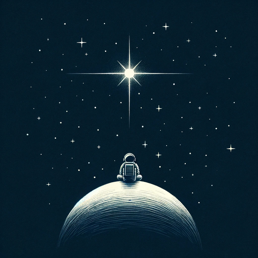 "A minimalist drawn astronaut sitting on the edge of a simple moon, against the backdrop of a single, glowing star. The focus is on clean lines and a limited color palette, emphasizing the isolation and serenity of space. The astronaut appears relaxed, conveying a sense of calm and contemplation."
