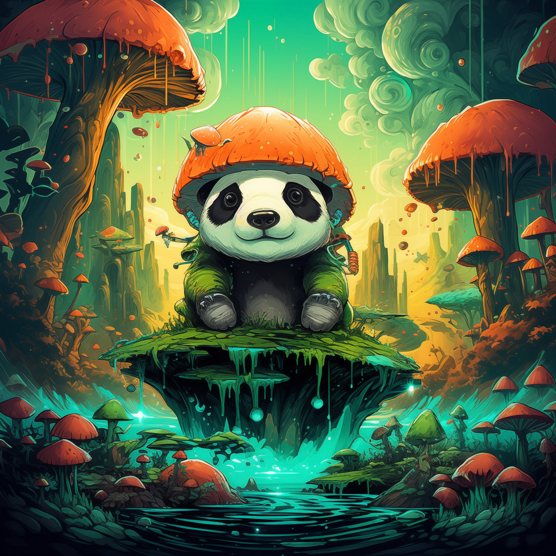 the panda with mushrooms on him sitting in a bright green t shirt, in the style of colorful abstract landscapes, dark cyan and orange, 2d game art, sublime wilderness, melting, highly detailed illustrations, lowbrow
