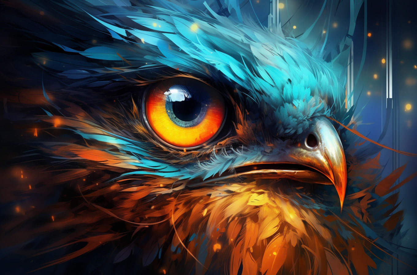 an abstract bird and eye with colorful lights, in the style of photorealistic surrealism, smokey background, dreamlike portraiture, turquoise and orange, eye-catching composition, uhd image, detailed character illustrations --ar 115:76- Midjourney