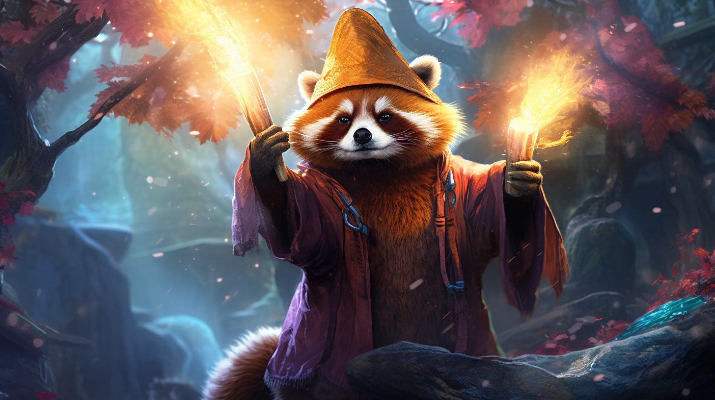 A red panda in a wizard's cloak casting spells in an enchanted forest, surrounded by magical creatures. The scene is illuminated by the mystical light of the spells, with ancient trees and floating crystals. Created Using: magical light effects, enchanted forest setting, whimsical magical creatures, detailed wizard cloak, vibrant spell colors, ancient tree textures, floating crystals, mystical and adventurous atmosphere --ar 16:9 --v 6Midjourney