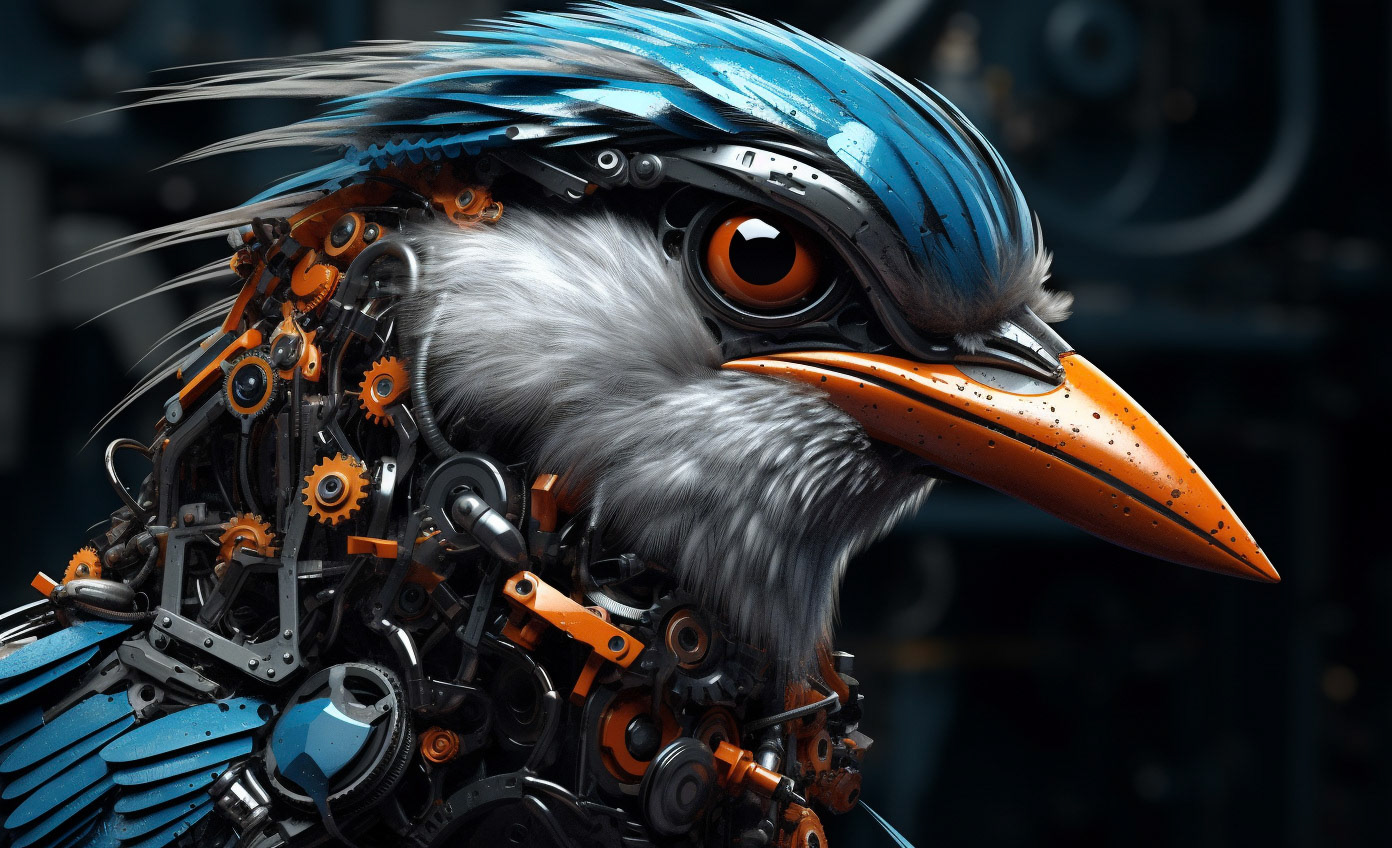a bird with a mechanical look is drawn on this hd wallpaper, in the style of realistic hyper-detailed rendering, cybernetic, uhd image, orange and azure, highly detailed realism, industrialization, baroque sci-fi --ar 64:39 - Midjourney
