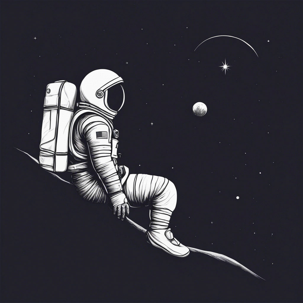 "A minimalist drawn astronaut sitting on the edge of a simple moon, against the backdrop of a single, glowing star. The focus is on clean lines and a limited color palette, emphasizing the isolation and serenity of space. The astronaut appears relaxed, conveying a sense of calm and contemplation."