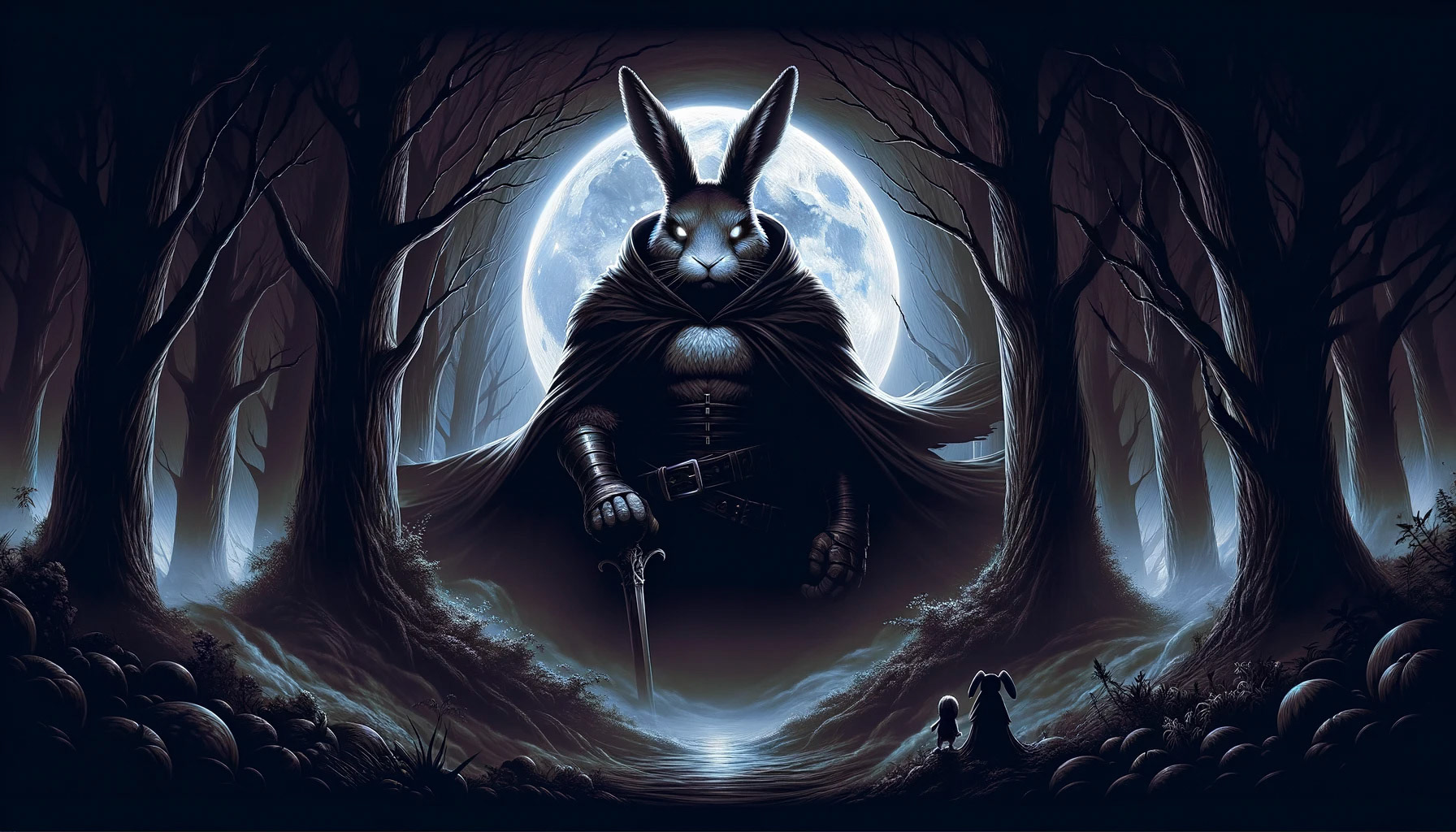 "A dark fantasy illustration of Thlayli the Rabbit Reaper, a brave rabbit with a large, imposing figure and a determined expression, in a moonlit, eerie forest with deep shadows and a ghostly atmosphere."