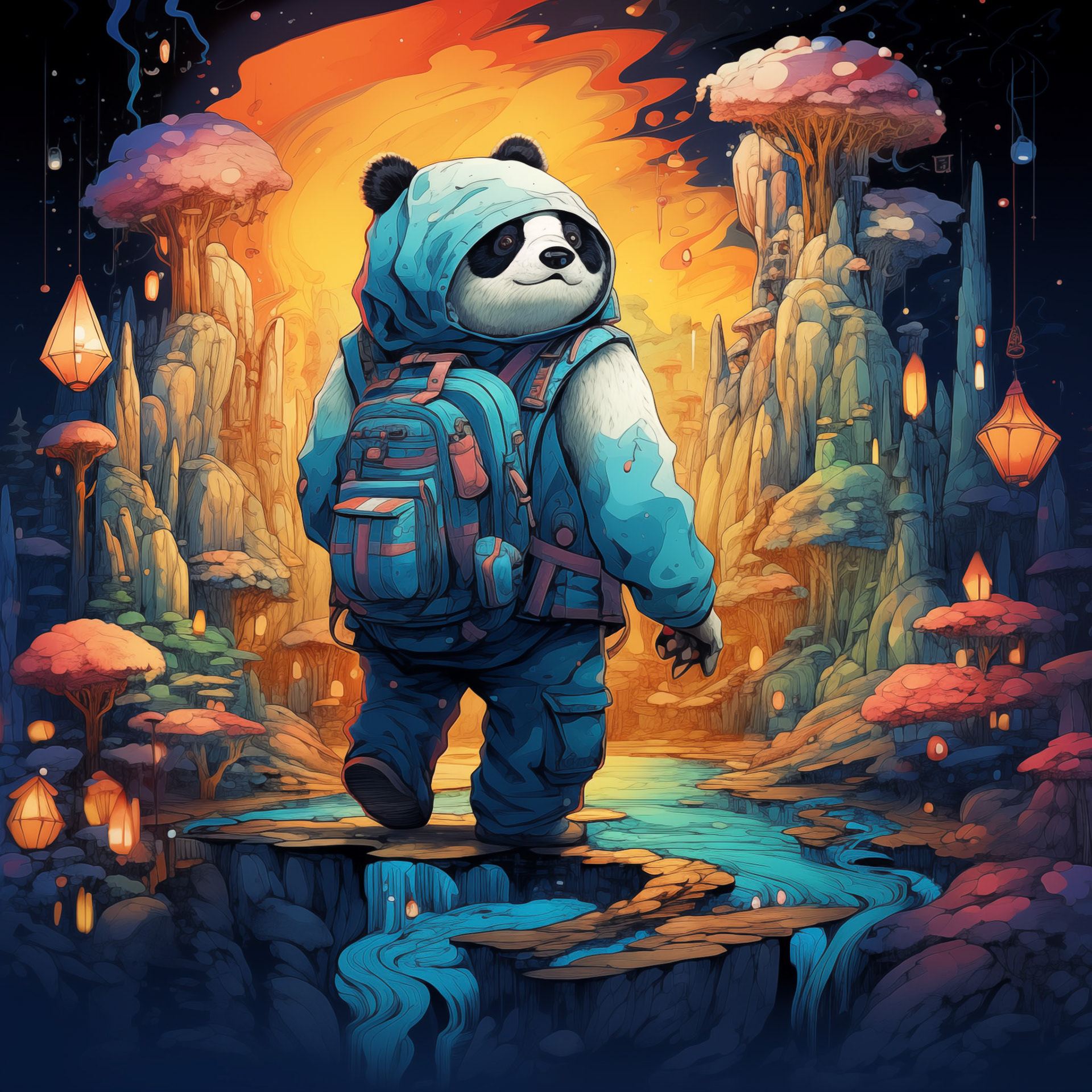 the panda bear holding a bag in watercolor, in the style of intricate psychedelic landscapes, zbrush, dark cyan and amber, luminous landscapes, inventive character designs, mushroomcore, colorful landscapesMidjourney