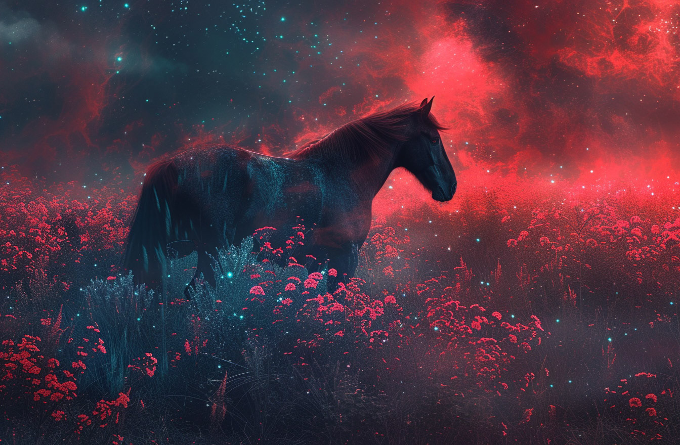 a dark horse in a field full of stars, in the style of futuristic chromatic waves, red and crimson, witchcore, graffiti-inspired animals, dragoncore, glowing colors, caninecore --ar 32:21 --v 6- Midjourney