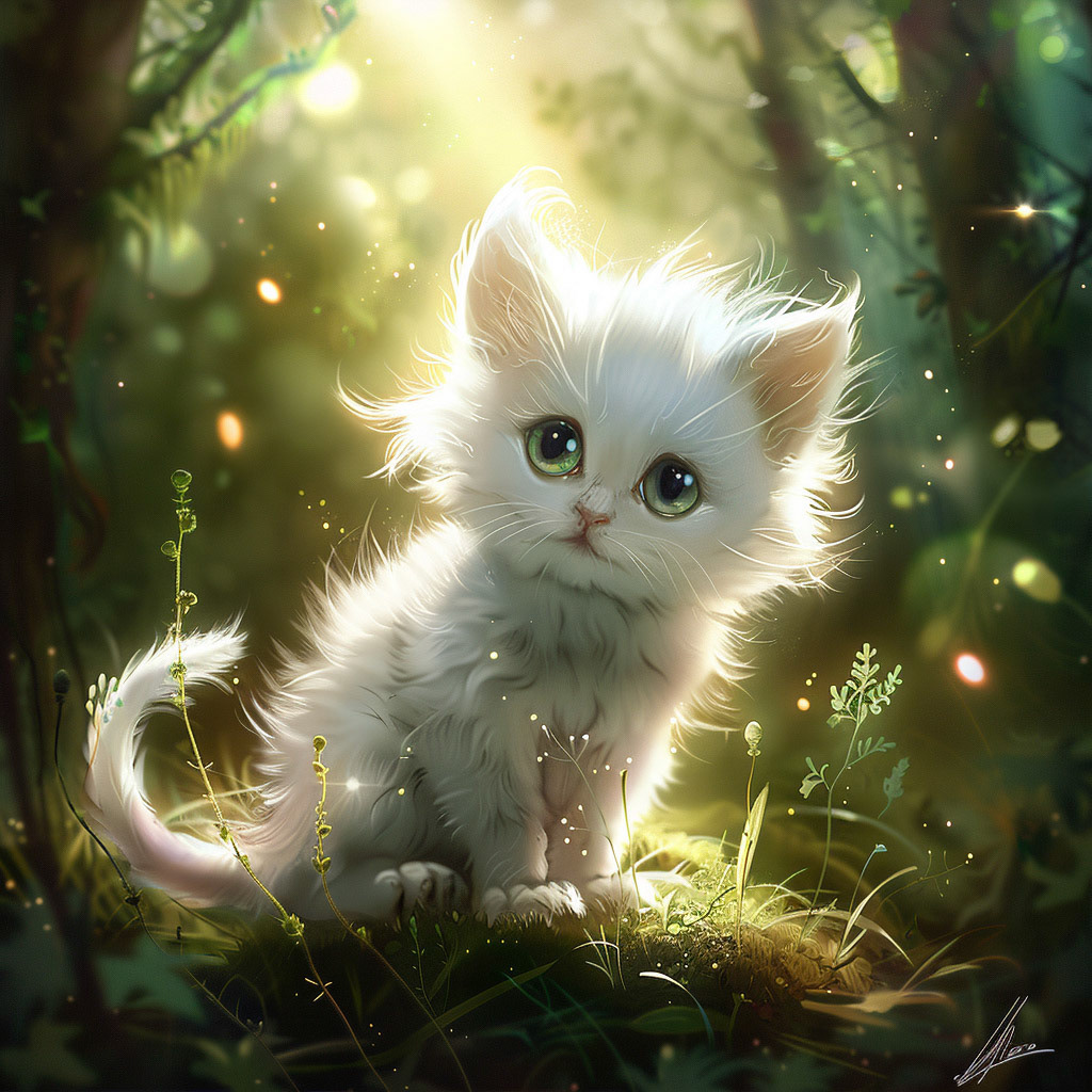 A cute white kitten in the forest, in the style of Disney with a cartoon style, bright colors, and an animated style. The background is a magical fairy tale world with glowing plants and flowers. The kitten has large eyes, soft fur, a fluffy tail, and a playful expression, sitting on grass or moss, illuminated by sunlight. Job ID: d78c0b4f-276d-43fe-a648-95727d857937