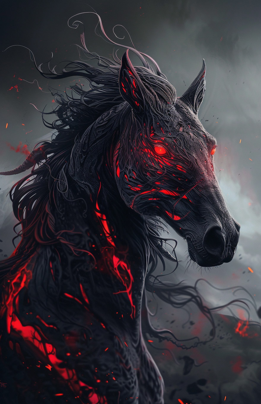 a drawing of a horse with glowing eyes, emo outfits, in the style of dan mumford, dark gray and red, 32k uhd, viktor vasnetsov, necronomicon illustrations, noriyoshi ohrai, realistic color schemes --ar 83:128 --v 6 - Midjourney