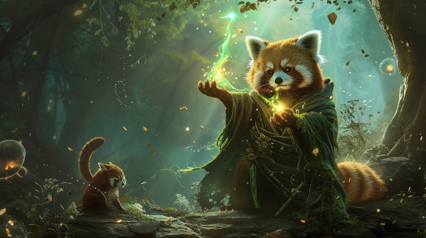 A red panda in a wizard's cloak casting spells in an enchanted forest, surrounded by magical creatures. The scene is illuminated by the mystical light of the spells, with ancient trees and floating crystals. Created Using: magical light effects, enchanted forest setting, whimsical magical creatures, detailed wizard cloak, vibrant spell colors, ancient tree textures, floating crystals, mystical and adventurous atmosphere --ar 16:9 --v 6Midjourney