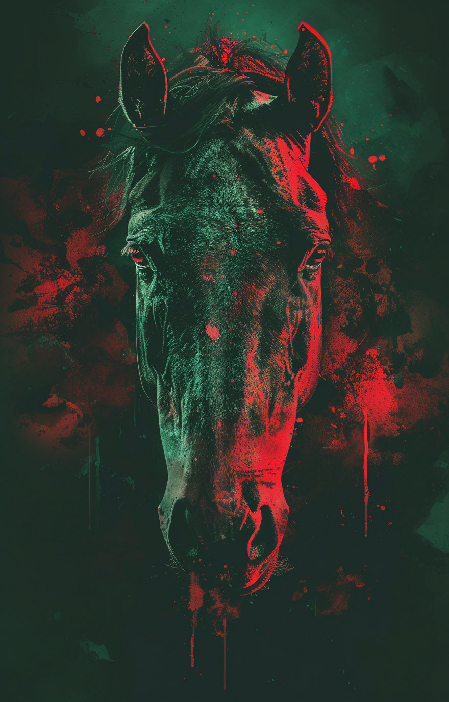 horse portrait wallpaper free download, hd photo photohippo, in the style of cyberpunk futurism, dark green and crimson, necronomicon illustrations, historical genre scenes, cross processing, hyper-detailed illustrations, tenebrism-inspired --chaos 6 --ar 41:64 --v 6 - Midjourney