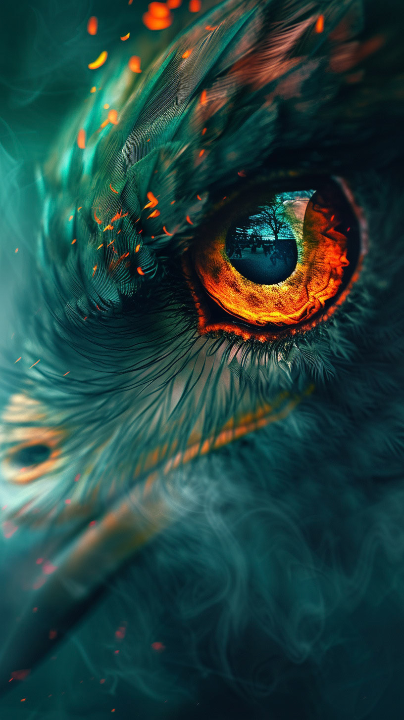 an abstract bird, fokus on the eye, with colorful lights, in the style of hyperrealistic, surrealism, smokey background, dreamlike portraiture, turquoise and orange, eye-catching composition, uhd image, detailed character illustrations --ar 9:16 --v 6