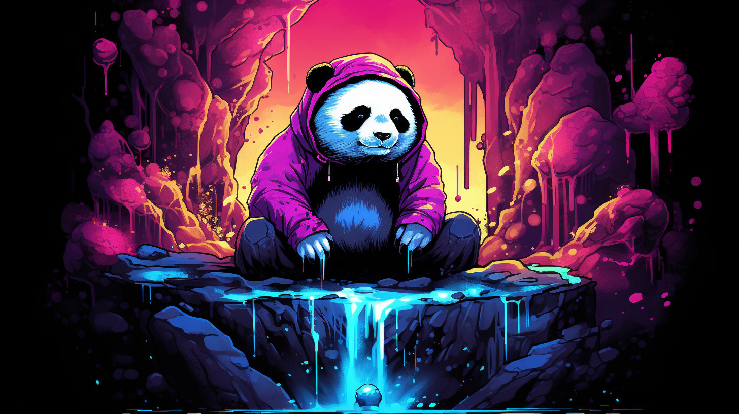 a panda bear sitting on the rocks, in the style of psychedelic illustration, vibrant color gradients, dan mumford, playful characters, realism with surrealistic elements, mushroomcore, drip painting --ar 16:9Midjourney