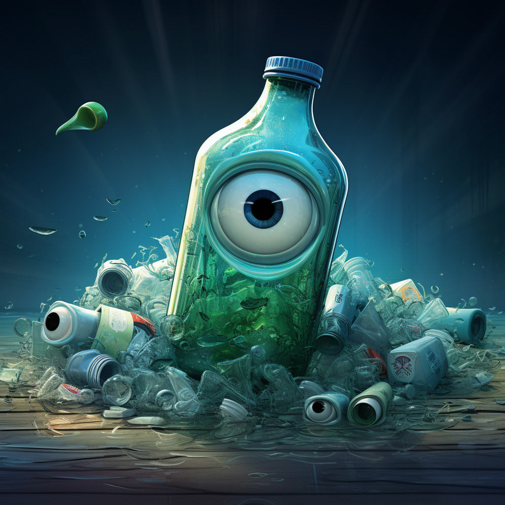 a pet bottle in the oceon with comic eyes. the bottle is surrounded by other pet bottles and they all are damaged. some are broken and some has papers in the bottle. the scene is like a pixar film 1990