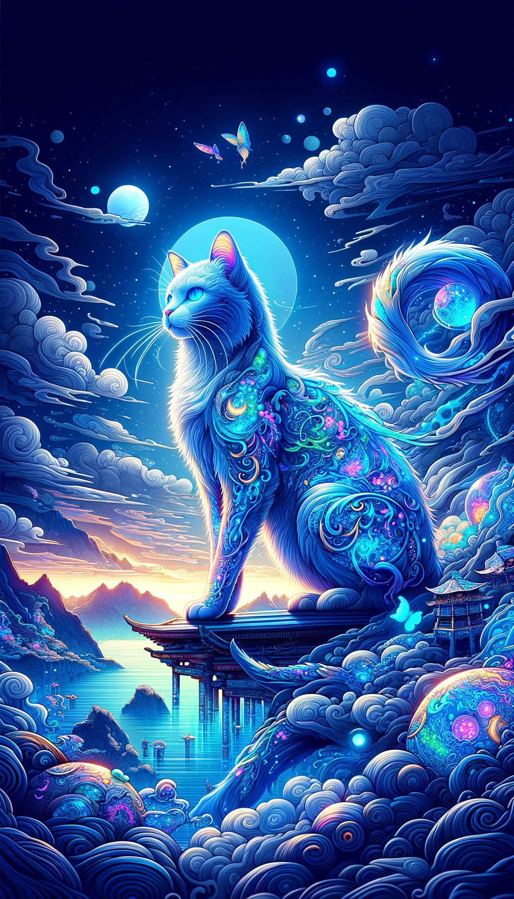 "A majestic cat with neon blue fur, adorned with floating elements, stands tall in a mystical landscape. The surreal style of this illustration recalls the intricate details of a ukiyo-e print, with vibrant colors and dynamic angles giving it a modern anime twist."