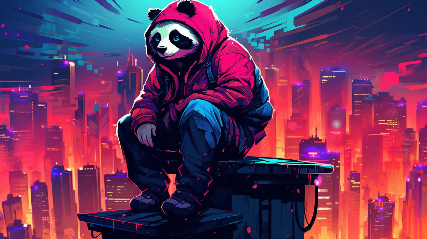 a man dressed like a panda is sitting on top of a skyscraper, in the style of dan mumford, cute and colorful, neon impressionism, rtx on, bright palette, characterized animals, fluid and loose --ar 16:9Midjourney