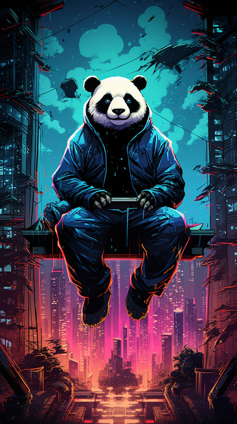 a man dressed like a panda is sitting on top of a skyscraper, in the style of dan mumford, cute and colorful, neon impressionism, rtx on, bright palette, characterized animals, fluid and loose --ar 9:16 Midjourney