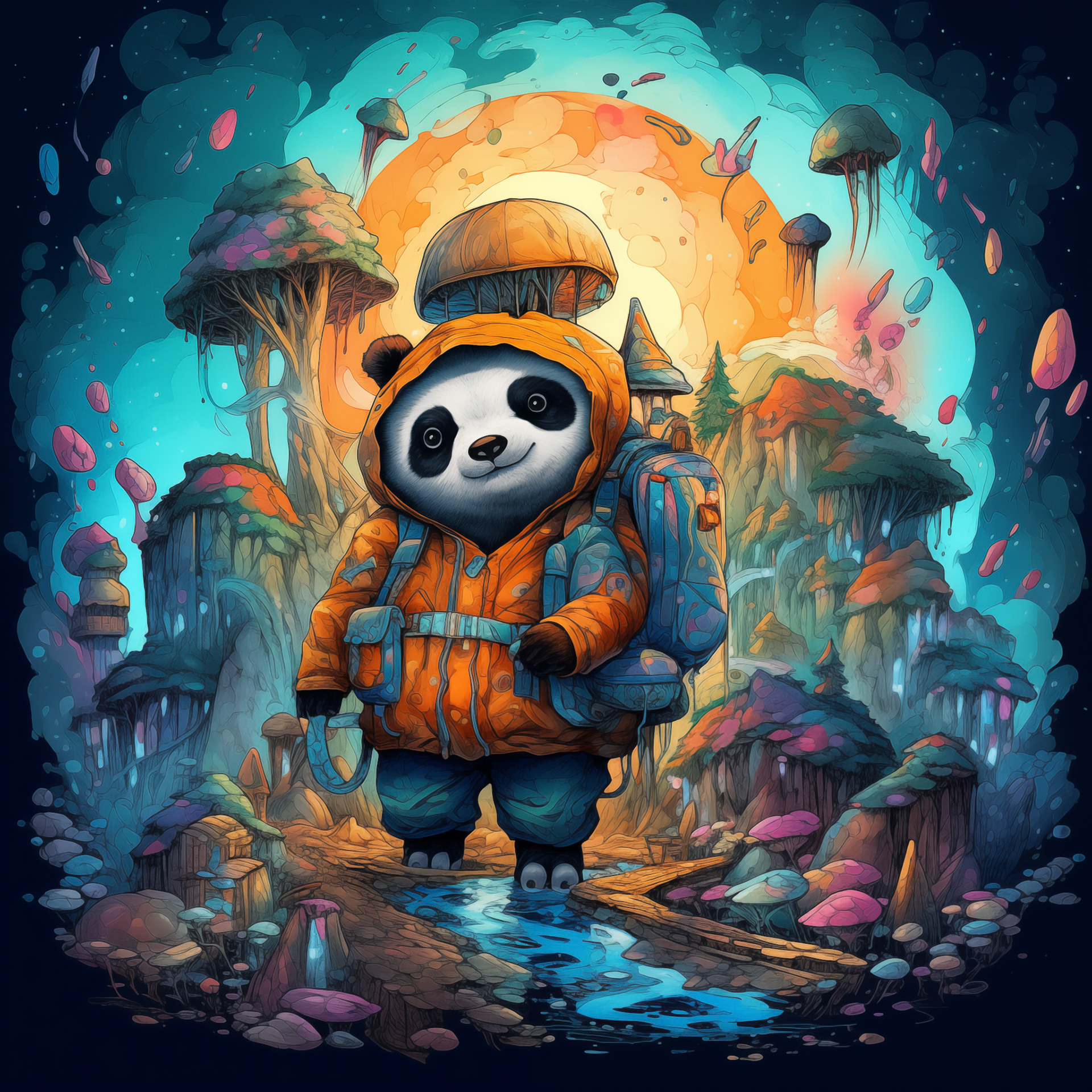 the panda bear holding a bag in watercolor, in the style of intricate psychedelic landscapes, zbrush, dark cyan and amber, luminous landscapes, inventive character designs, mushroomcore, colorful landscapesMidjourney