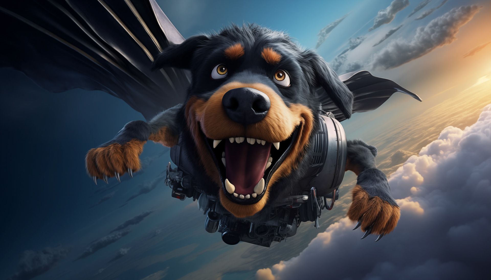 create surreal 3d comic scene with a rottweiler that jump into the sky as a base jumper with the equipment of a base jumper 300mm f/5.8, frogperspective, pixar studio style, playful expressions, perspective rendering, 4k