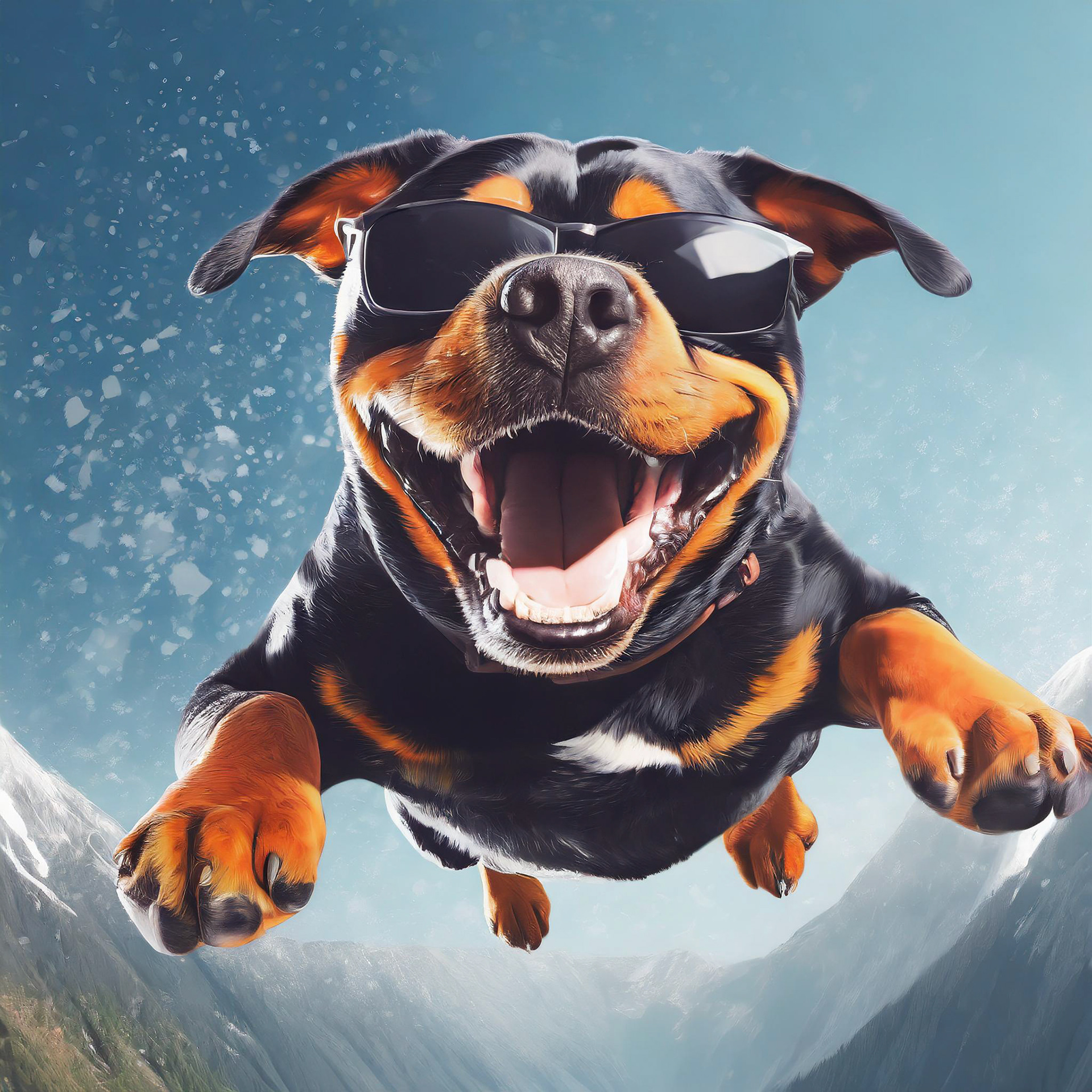 "crazy rottweiler with big laugh is base jumping"