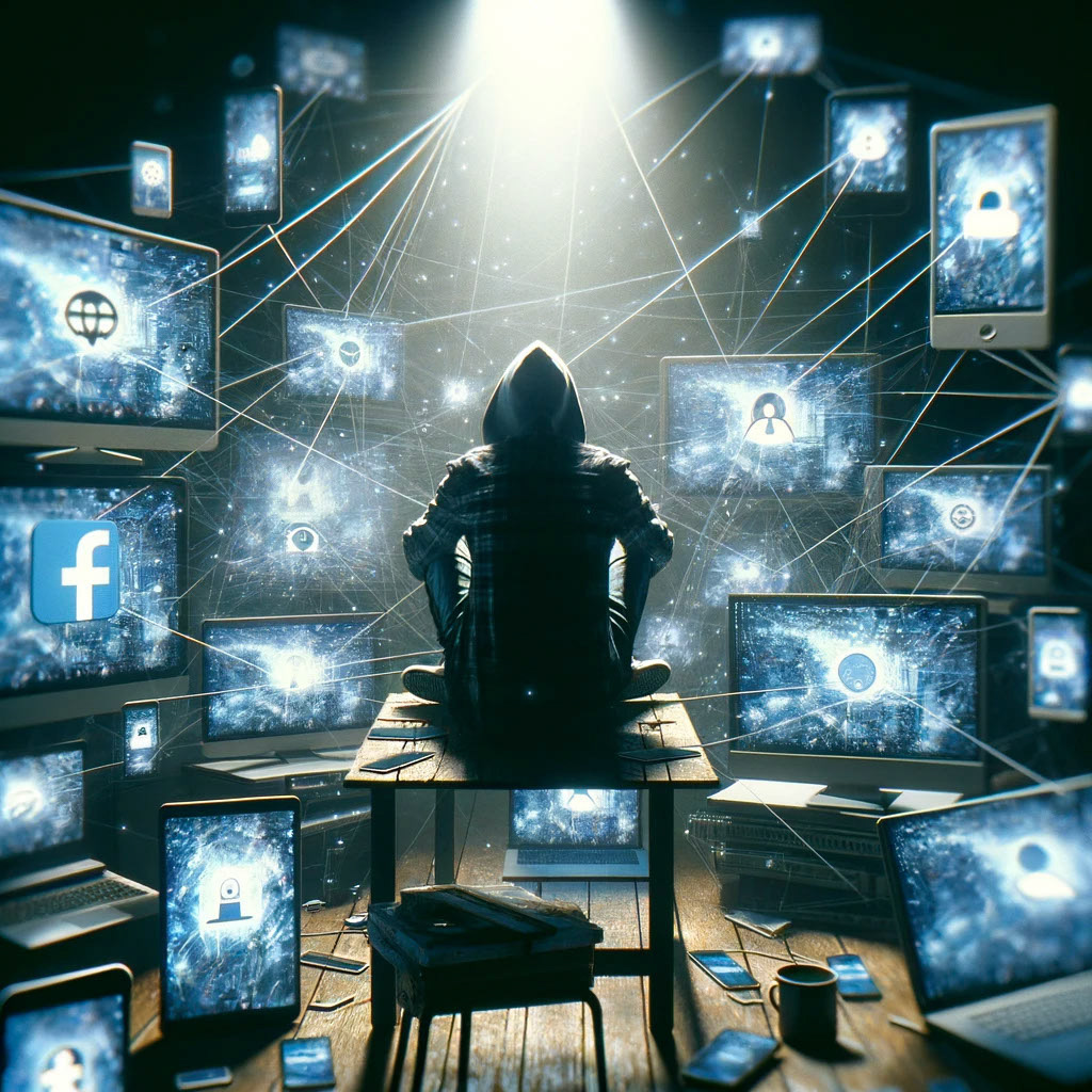 Create an image that explores the impact of social media on mental health. The image should depict a person overwhelmed by a barrage of notifications and messages from various social media platforms, symbolizing the anxiety and stress caused by constant digital connectivity.