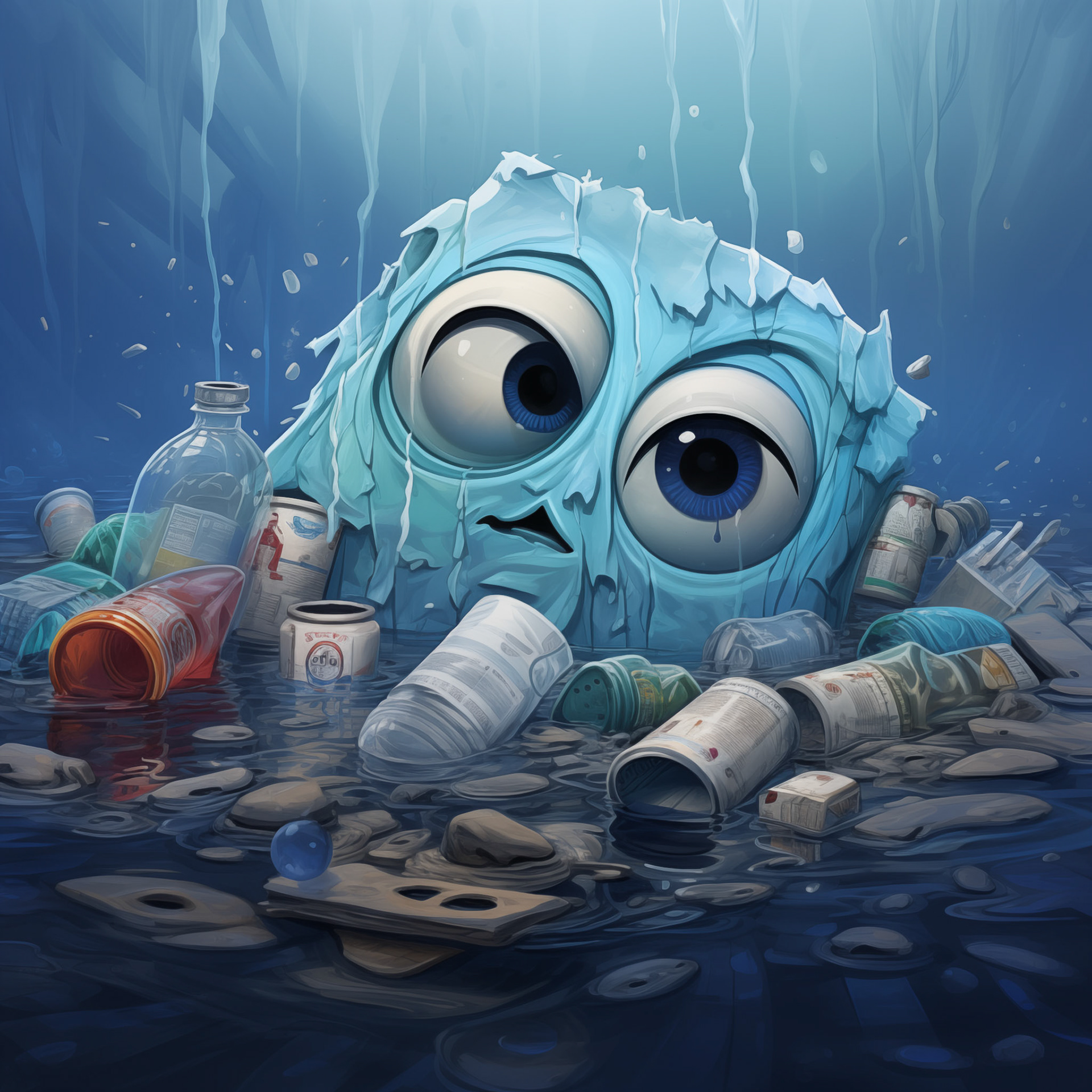 Plastic Bag in the oceon with comic eyes. the bottle is surrounded by other pet bottles and they all are damaged. some are broken and some has papers in the bottle. the scene is like a pixar film 1990