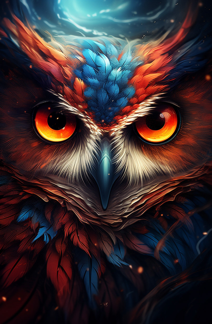 blue, orange and red abstract illustration of an owl that has a large open eye, in the style of caras ionut, speedpainting, 2d game art, oleg shuplyak, realistic lighting, liam wong, 32k uhd - Midjourney