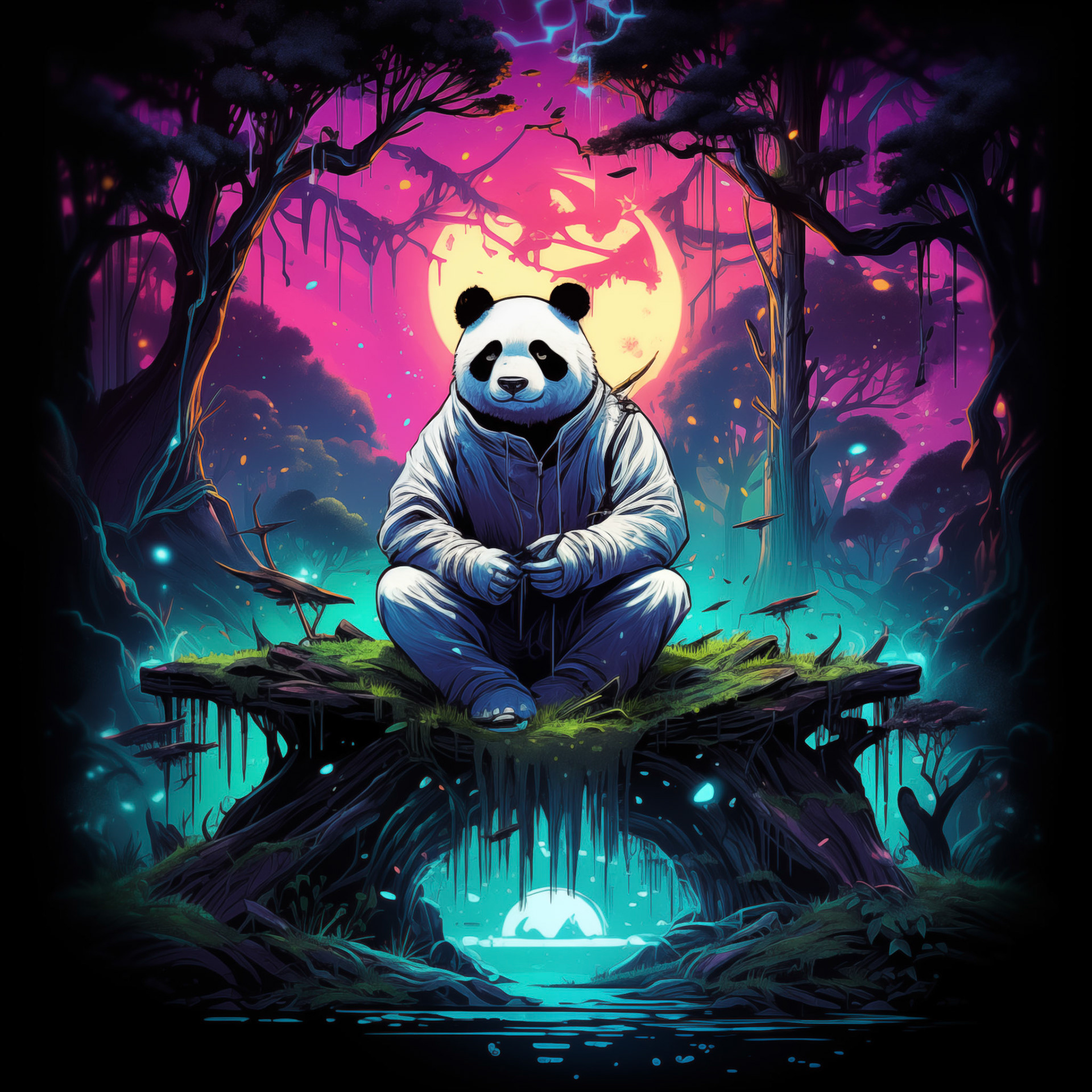 a man dressed like a panda is sitting on a crone from a big tree, in the style of dan mumford, cute and colorful, neon impressionism, rtx on, bright palette, characterized animals, fluid and loose