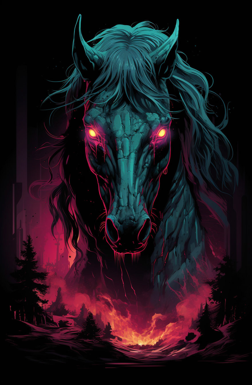 a red horse with blue eyes and glowing a pink light behind it, in the style of macabre illustrations, dark green and light cyan, cinematic scenes, hyper-detailed illustrations, cypherpunk, green and crimson, gothic atmosphere --ar 41:64 - Midjourney