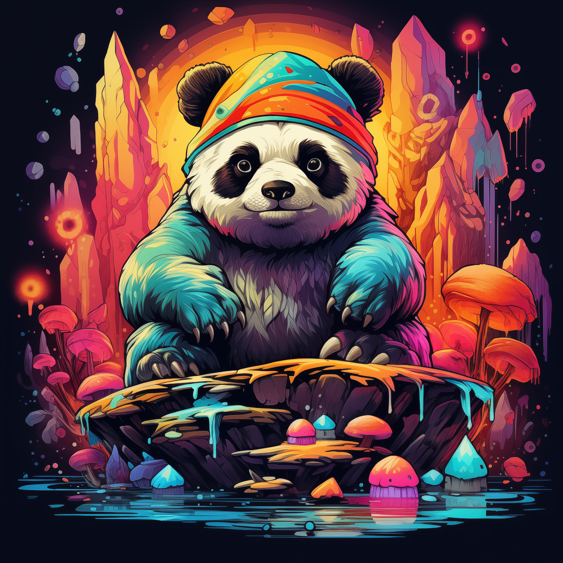 generate a idyll panda sitting on a stone - the world in a high colored lsd trip style with magic glimming mushrooms in a variation of colors. high resolution, contrast color