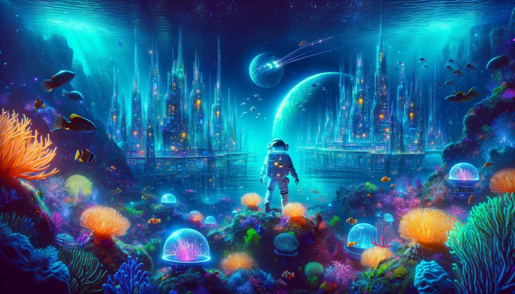 "Hyperrealistic 3D depiction of an astronaut exploring a futuristic underwater city, surrounded by shimmering sea creatures and vibrant coral reefs, creating an atmosphere of awe and discovery."