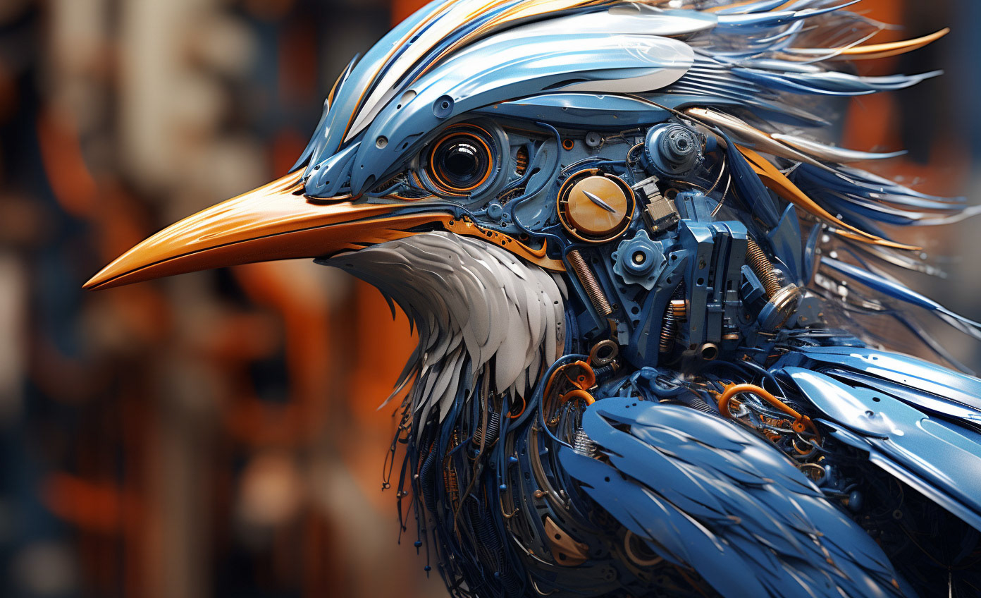 an abstract portrait of a bird in blue and orange paint, in the style of intricate steampunk, vray tracing, detailed hyperrealism, futuristic robots, uhd image, serge marshennikov, detailed realism --ar 64:39 Job ID: 5f5d6adc-71e4-4126-b457-6408cf44a391
