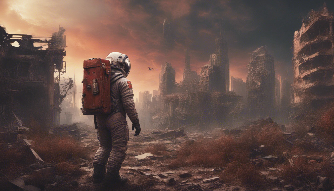 "Cinematic representation of an astronaut wandering through a deserted post-apocalyptic city, surrounded by decayed buildings and a stormy sky, conveying a mood of loneliness."