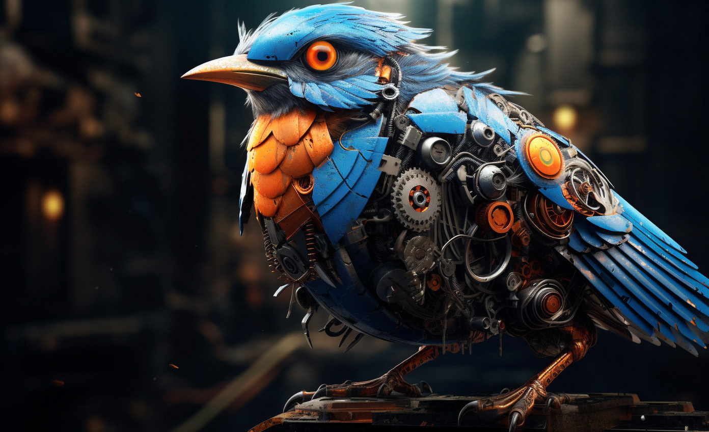a blue and orange bird with gears on its head, in the style of hyper-realistic sci-fi, vray tracing, photo-realistic techniques, detailed and intricate compositions, industrialization, ravencore, characterized animals --ar 64:39 - Midjourney