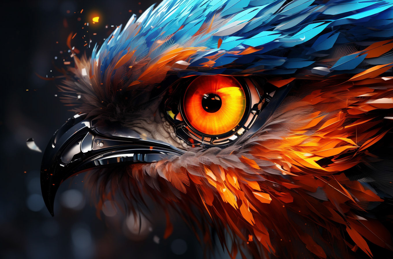 an abstract bird and eye with colorful lights, in the style of photorealistic surrealism, smokey background, dreamlike portraiture, turquoise and orange, eye-catching composition, uhd image, detailed character illustrations --ar 115:76- Midjourney