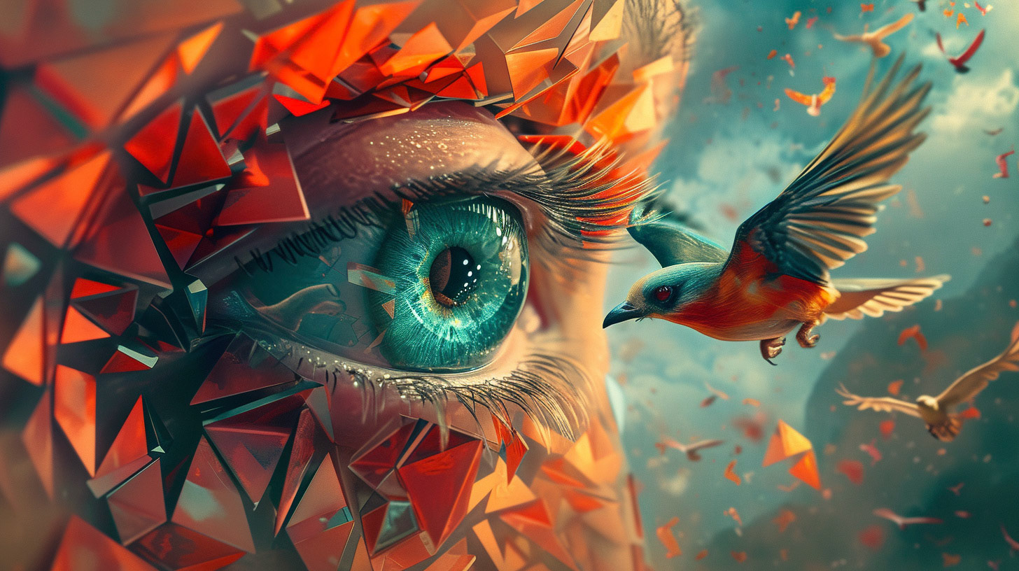 A geodesic structure in the shape of a human eye, with a bird taking flight from the pupil. The scene is vibrant and dynamic, with a touch of the extraordinary. Rendered in a vivid, imaginative style. --ar 16:9 --v 6 - Midjourney