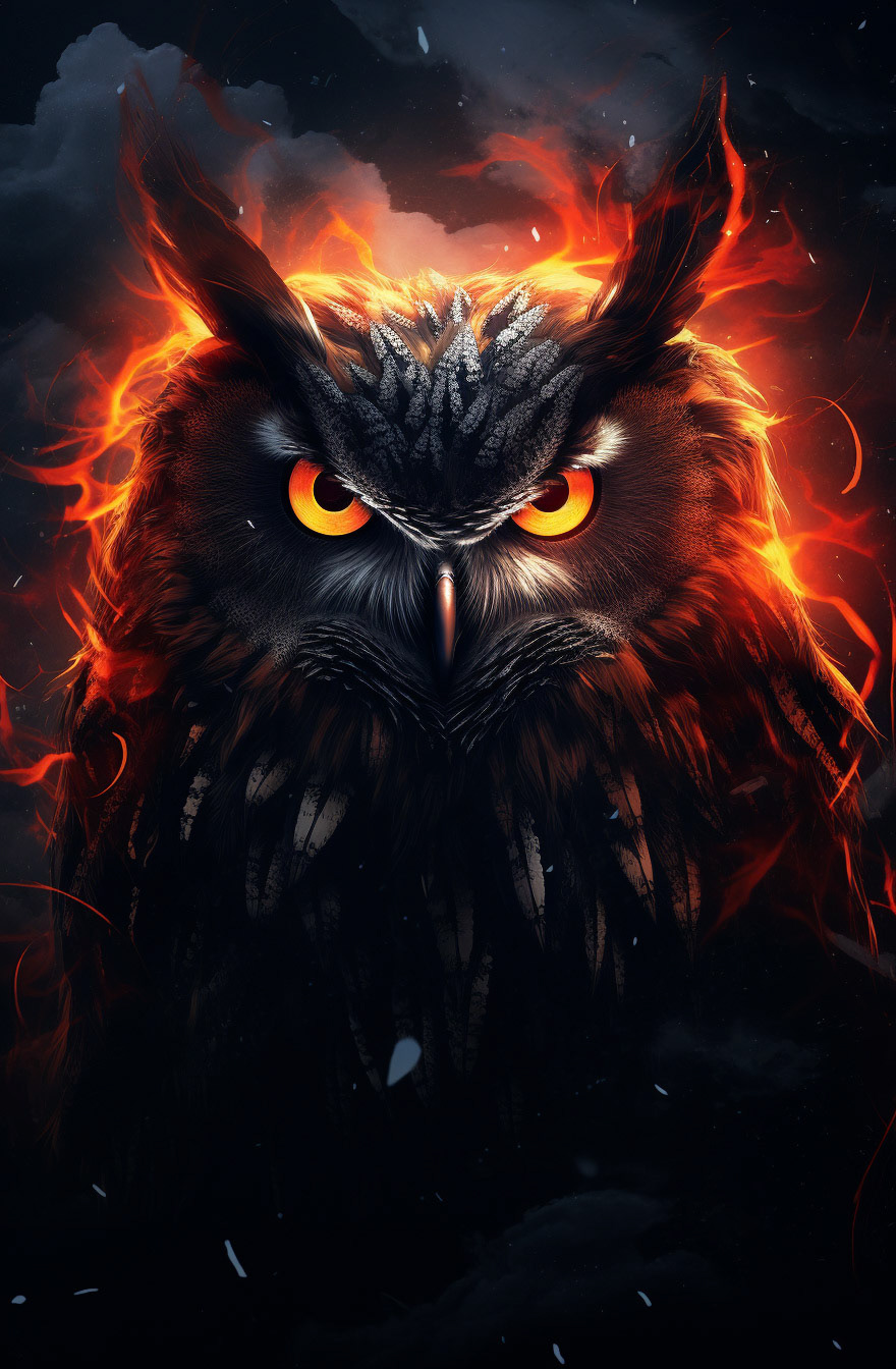 a digital art of an owl, in the style of energy-filled illustrations, uhd image, dark sky-blue and dark orange, edgy street art, explosive wildlife, hauntingly beautiful illustrations, vray --ar 21:32- Midjourney