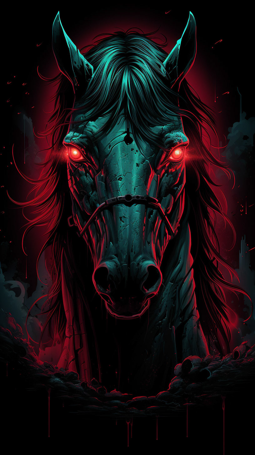 a red horse with blue eyes and glowing a pink light behind it, in the style of macabre illustrations, dark green and light cyan, cinematic scenes, hyper-detailed illustrations, cypherpunk, green and crimson, gothic atmosphere --chaos 5 --ar 9:16 --weird 3- Midjourney