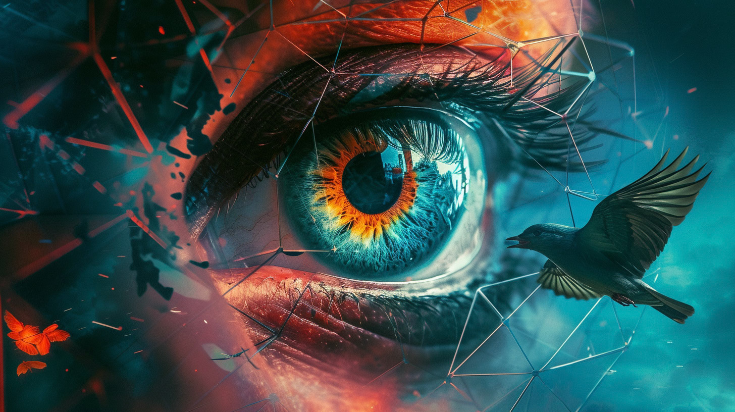 A geodesic structure in the shape of a human eye, with a bird taking flight from the pupil. The scene is vibrant and dynamic, with a touch of the extraordinary. Rendered in a vivid, imaginative style. --ar 16:9 --v 6 - Midjourney