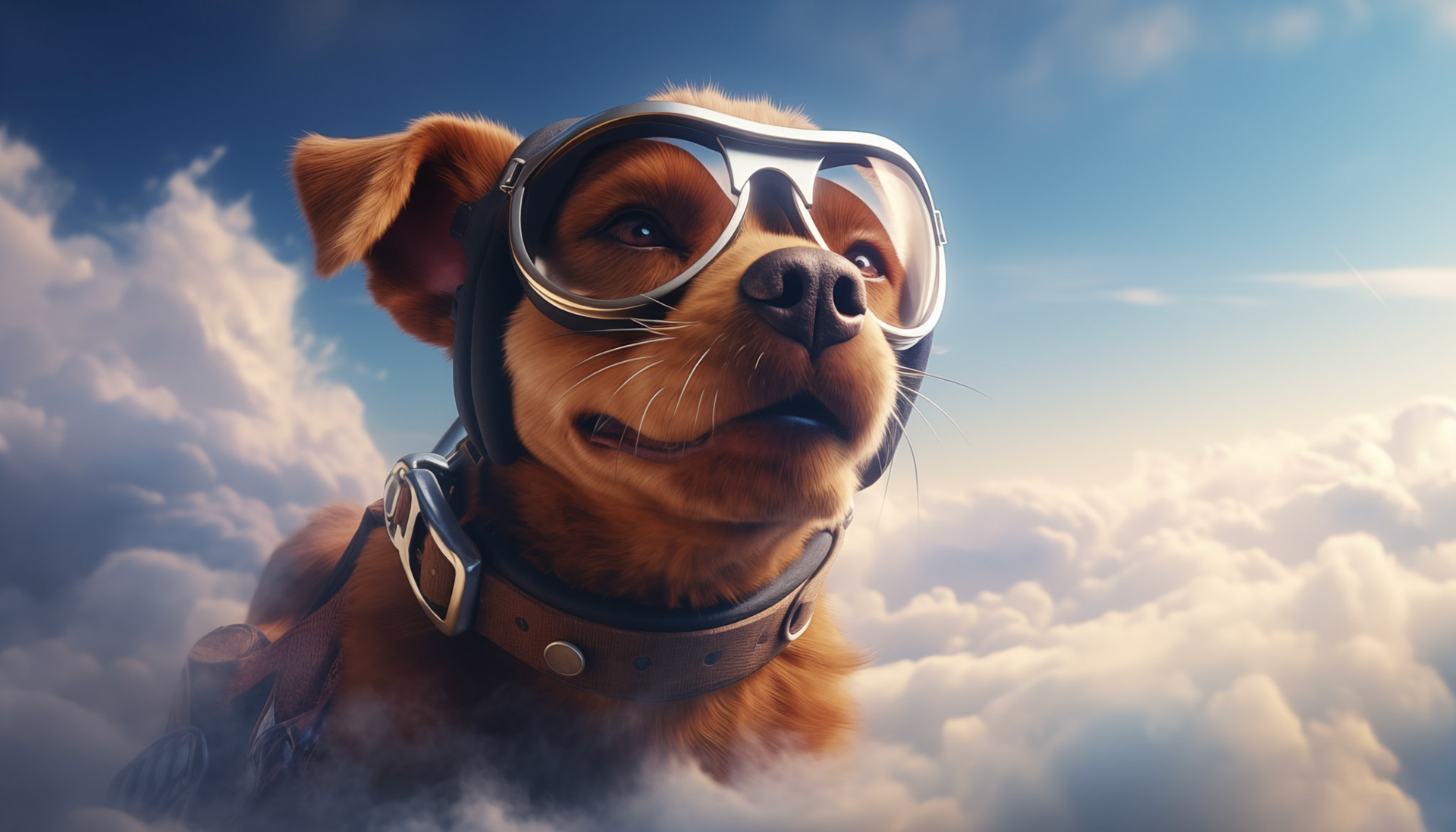 a dog flying over the cloud like a pilot, in the style of photorealistic rendering, ray tracing, oleg shuplyak, made of rubber, strong facial expression, focus stacking, commission for --ar 128:73