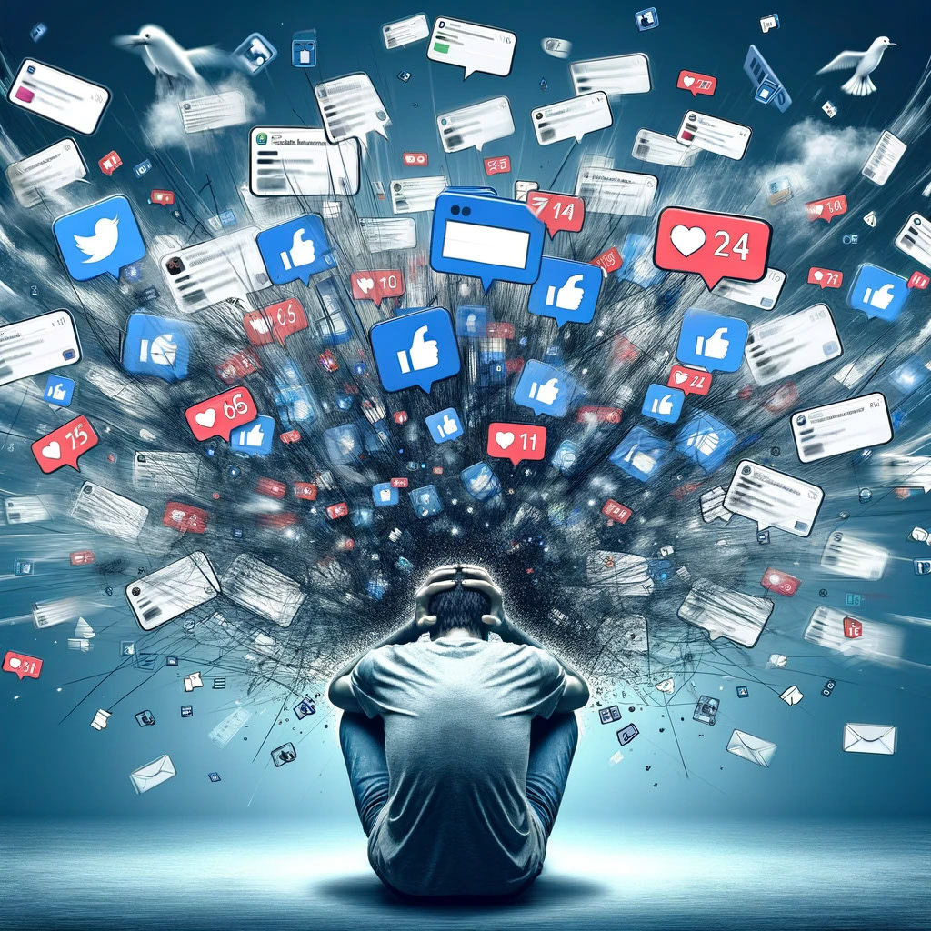 Create an image that explores the impact of social media on mental health. The image should depict a person overwhelmed by a barrage of notifications and messages from various social media platforms, symbolizing the anxiety and stress caused by constant digital connectivity.