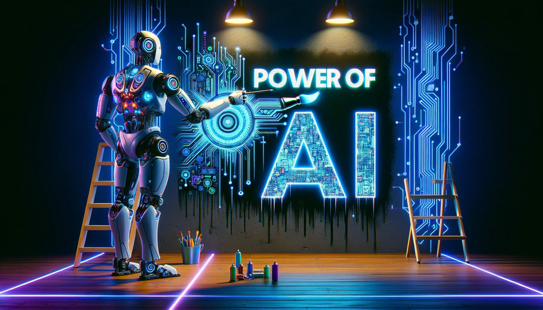"Create a scene with a robot painting the words 'Power of AI' on a wall, showcasing a cyber-matrix style. The robot is designed with futuristic, cybernetic elements, featuring neon lights and digital patterns. The scene is illuminated with neon colors and digital motifs, creating a high-tech, cyberpunk atmosphere. The robot paints the words in a bold, digital font, glowing with neon lights. The background is dark with hints of neon and digital elements, emphasizing the cyber-matrix theme. The words 'Power of AI' are clearly and correctly spelled, illuminated in a striking cybernetic style on the wall."