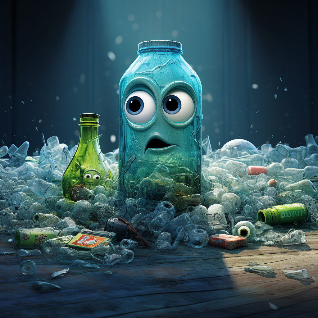 a pet bottle in the oceon with comic eyes. the bottle is surrounded by other pet bottles and they all are damaged. some are broken and some has papers in the bottle. the scene is like a pixar film 1990